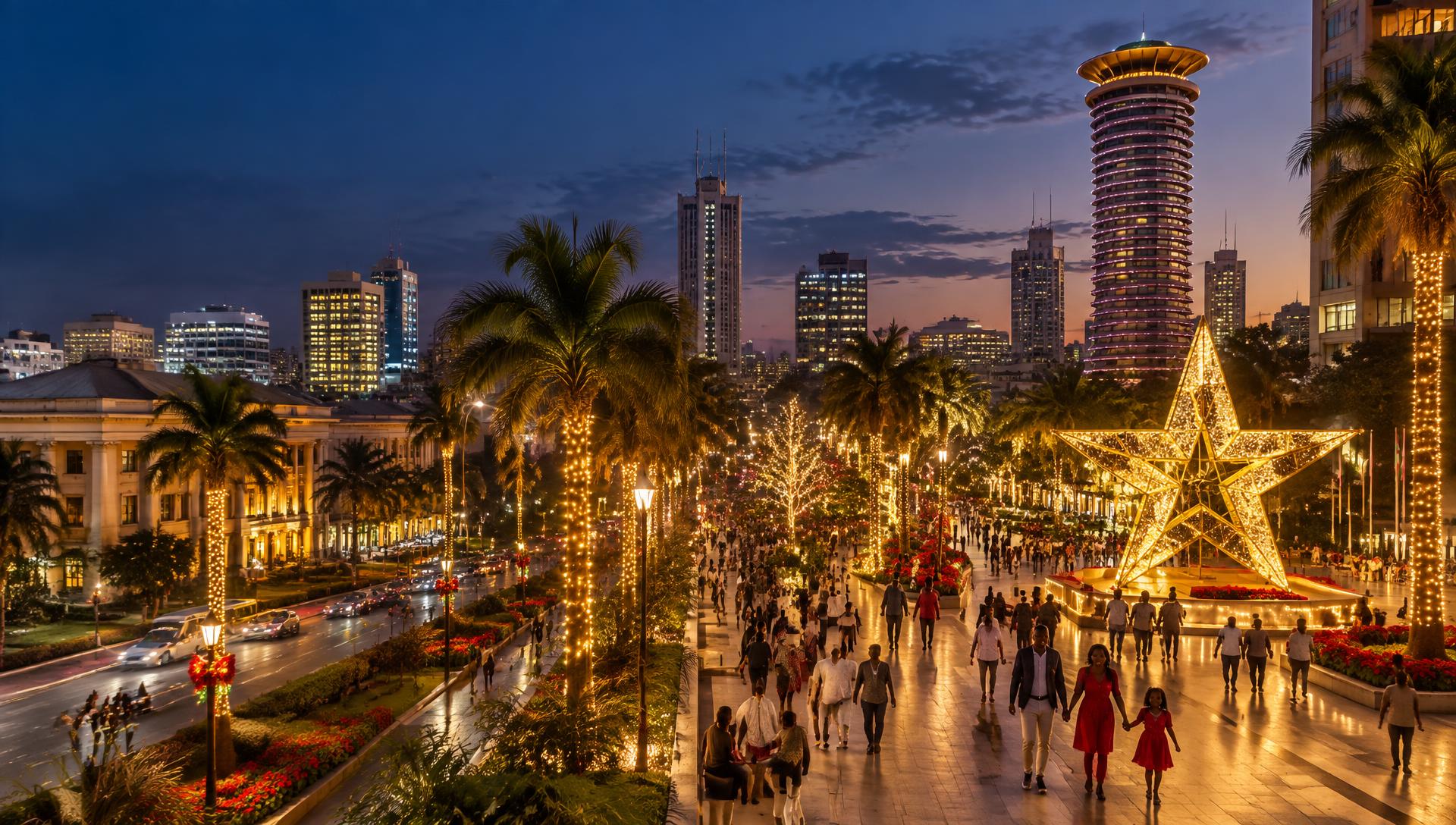 A vision of Nairobi illuminated by golden Christmas lights and the Star of Africa